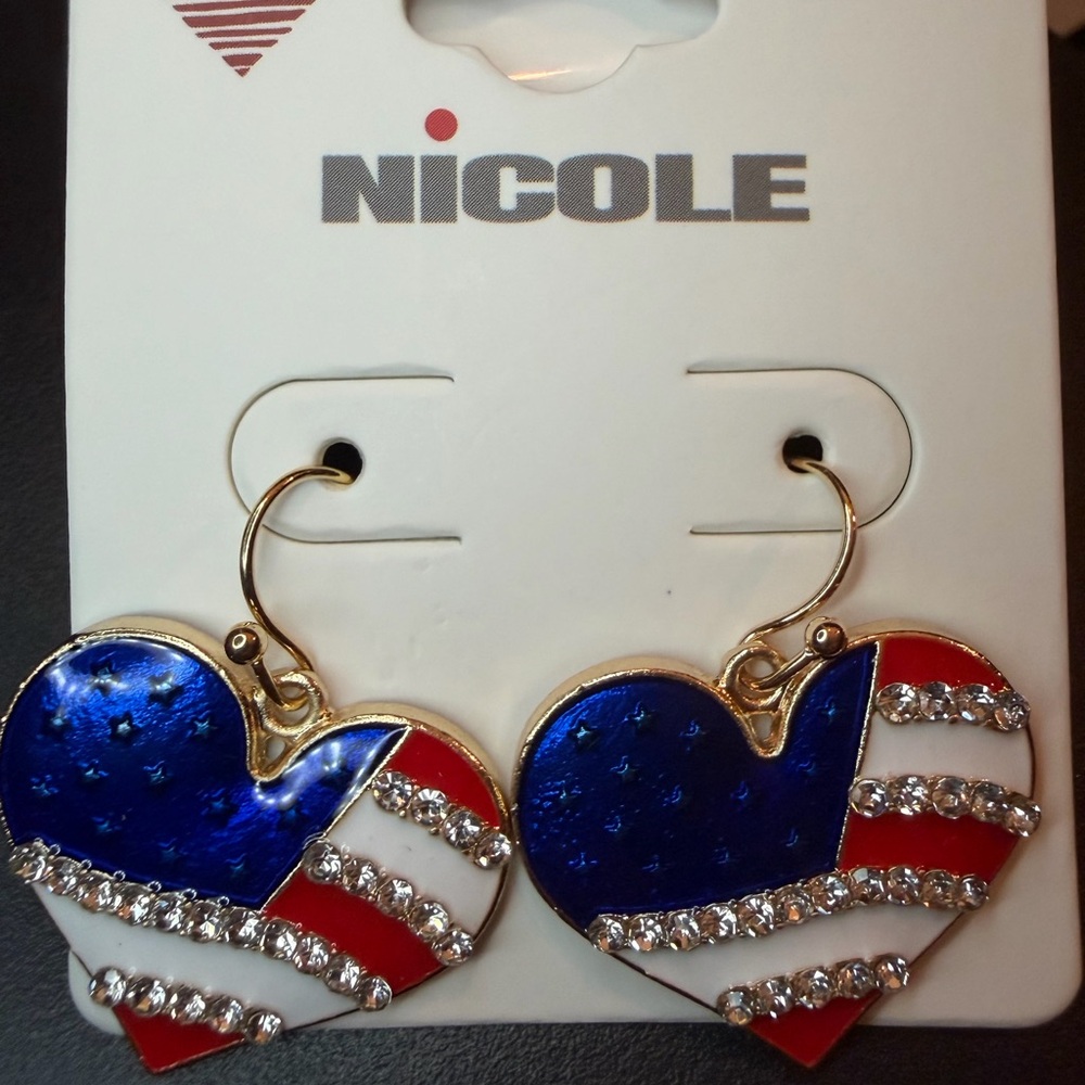 Nicole Enamel Patriotic Heart Earrings in Red, White & Blue Gold NEW